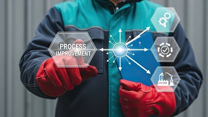 A worker in gloves points to a digital screen displaying 'Process Improvement' with icons for gears, factory, checklist, and arrows, signifying enhancement of operational efficiency.