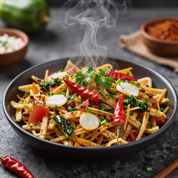 A spicy Sri Lankan kottu roti dish served in a black bowl, garnished with parsley and red chili flakes