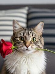 Obraz premium Adorable tabby cat holding a red rose in its mouth, looking at the camera
