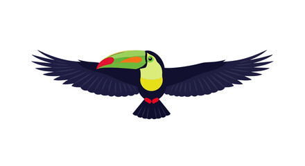 Fototapeta premium A colorful toucan in flight, showcasing vibrant plumage and distinctive beak from a side view.