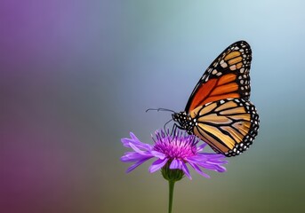 Obraz premium A beautiful monarch butterfly rests gently upon a vibrant purple wildflower, showcasing delicate wings and natural wildlife beauty, bloom, tropical, green