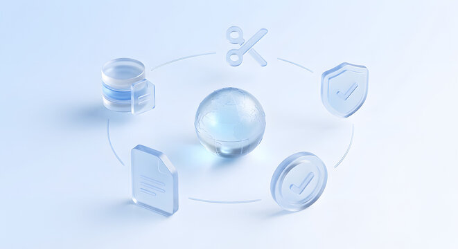 translucent glass isometric icons of world globe database document and security shield symbols representing global data management cybersecurity and cloud computing technology