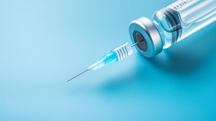 Close-up of syringe with blue liquid drawing from vial, sharp needle, medical concept. Vaccine, Injection