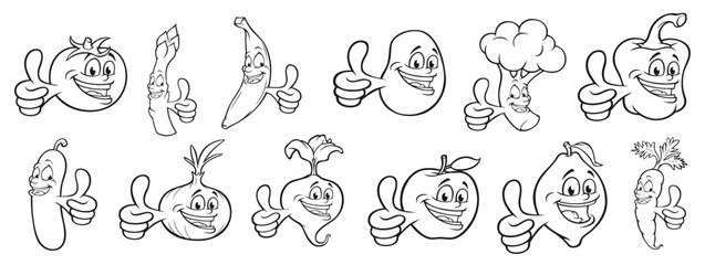 Fototapeta premium Whimsical Vegetables Collection: A playful assortment of black-and-white vegetable characters with cheerful expressions and thumbs-up gestures, promoting healthy eating habits.