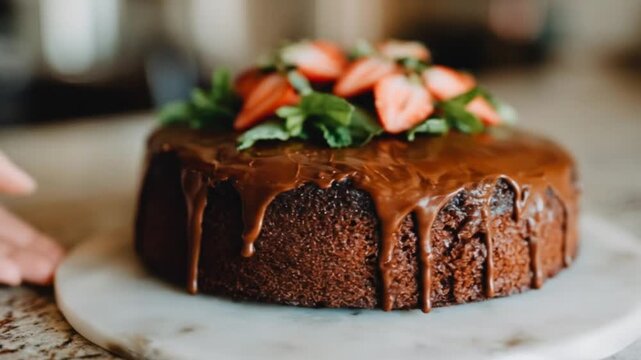 Delicious chocolate cake adorned with fresh strawberries and sprigs of mint, placed upon a marble serving plate.