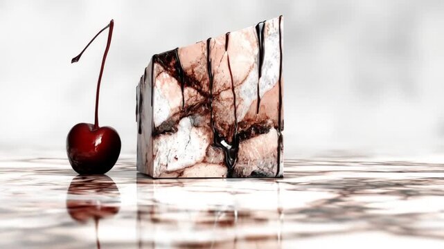 Ripe, glossy cherry with a long stem resting beside an artistic block with drips, showcasing a  shot with reflected surfaces against a blurry backdrop, capturing a  setup.