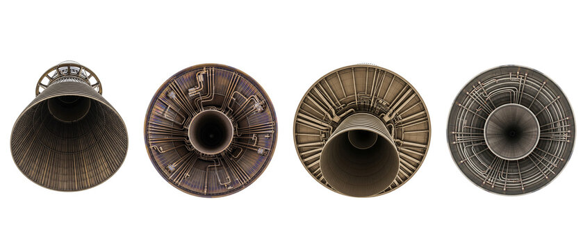 Four different angles of a sophisticated aerospace rocket engine nozzle.