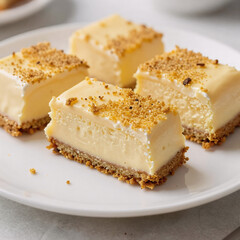 A photorealistic portrait showcasing a plate of yellow cake slices