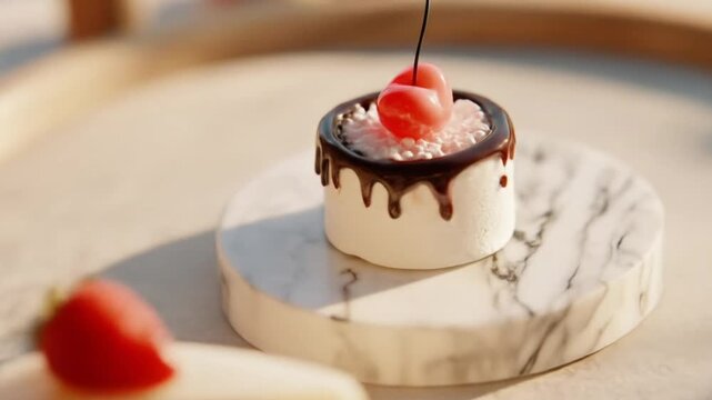 Delightful  shows a miniature cake adorned with a cherry shaped like a heart on a marble pedestal, showcasing decadent chocolate drizzle and creamy filling, with sunlight illuminating the scene.