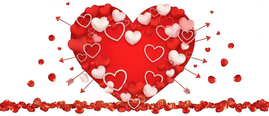 Valentine Large central red heart with white outlines and arrows on transparent background