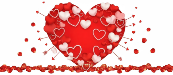 Valentine Large central red heart with white outlines and arrows on transparent background