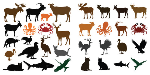 Fototapeta premium Set of black animal silhouettes vector illustration of wild and farm animals