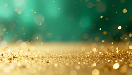 Abstract festive background with gold glitter on a green surface. Sparkling bokeh lights and shiny particles for a St. Patrick's Day celebration. Holiday concept with copy space