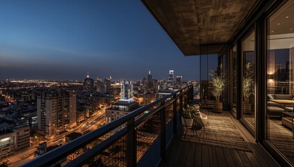 Obraz premium Evening View of City Skyline From Balcony in a Residential Area Overlooking River