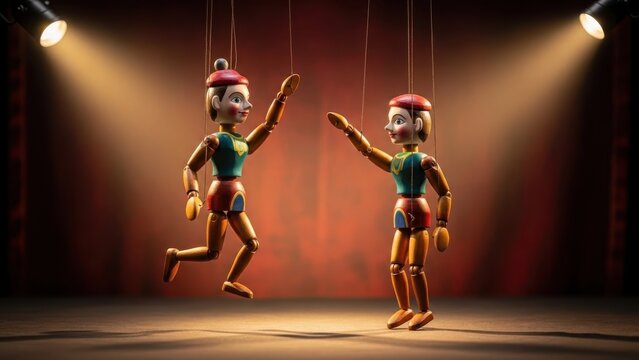 Two wooden marionette puppets in colorful attire performing on a dimly lit stage, captured in a moment of dynamic movement.