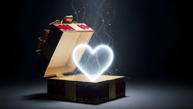 Glowing heart emerging from an open gift box