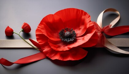 vibrant red poppy flower adorned with elegant ribbon a profound symbol of remembrance and natural beauty
