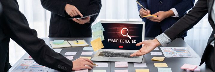 Analyst team use sticky note for creative and analytic brainstorm for business idea with BI data dashboard on laptop screen. Analysis financial data visualization tech for marketing strategy. Prodigy