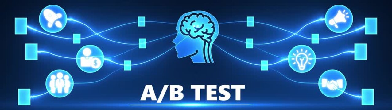 AB Test Network Concept with Brain and Icons on Blue Gradient Background split test testing