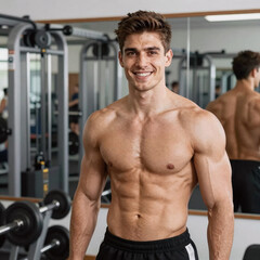 Obraz premium Young, athletic personal trainer with intense brown eyes smiling in a gym environment