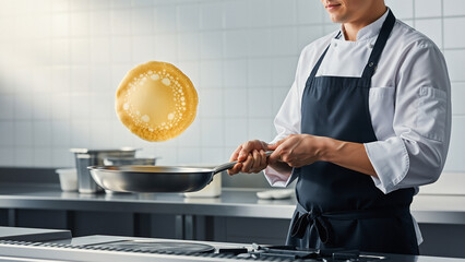 Chef flipping pancake in kitchen while wearing apron and focused  