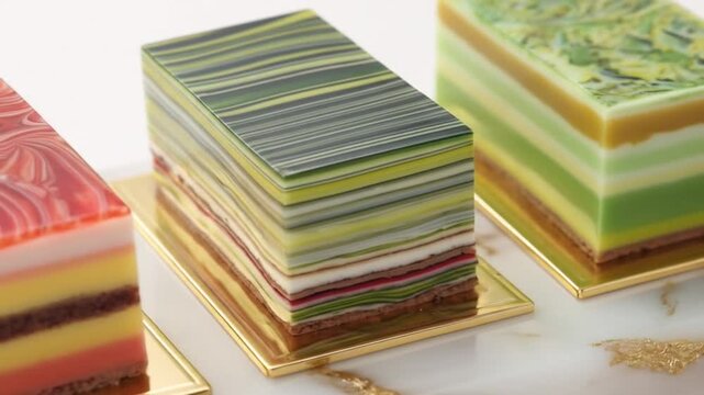 Colorful layered desserts showcase artistic design, featuring three distinct, individually presented, rectangular treats with vibrant swirled and striped patterns on a marble serving surface.