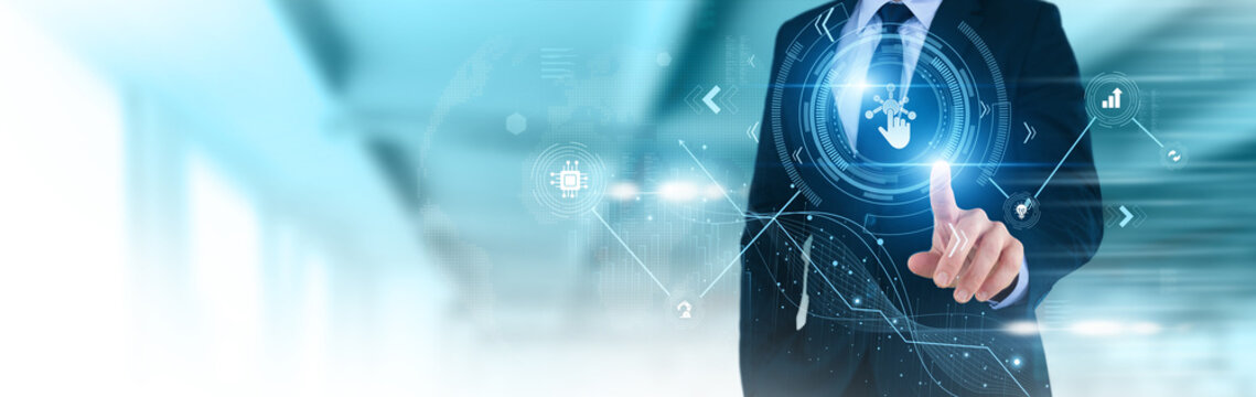 Businessperson Hand Pointing Digitization, digital transformation, data conversion, paperless process, technology adoption, modern business, innovation concept