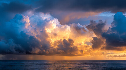 Dramatic sunset sky with vibrant orange and deep blue storm clouds towering over a calm sea during a tropical evening horizon scene