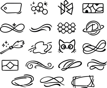 Line vector icons of creative nickname crafting: stylized tag outline, spark node, glyph contour, invented-word