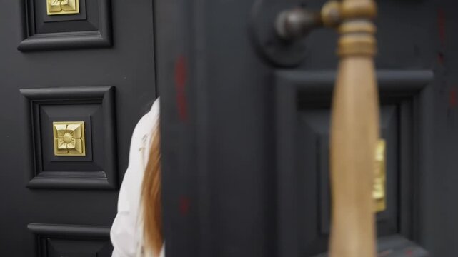 Close-up of elegant black paneled entrance doors with gilded square rosette accents and a turned wooden handle, highlighting ornate craftsmanship and symmetrical detailing