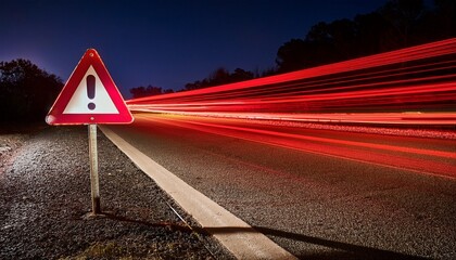 warning sign stands near a road with red light trails at night promoting safety and awareness