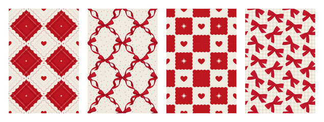 Fototapeta premium Set of Valentine's day seamless pattern. Red and beige love geometric backgrounds with Heart and Bow. Festive prints for wrapping paper, fabric and textile. Vector illustration
