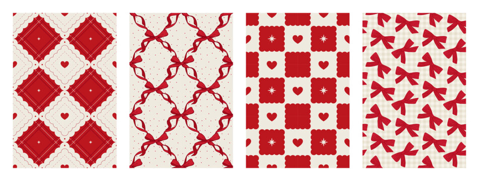 Set of Valentine's day seamless pattern. Red and beige love geometric backgrounds with Heart and Bow. Festive prints for wrapping paper, fabric and textile. Vector illustration