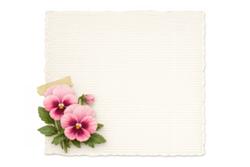 Blank card or invitation template with a rustic textured paper background and delicate floral pansy design