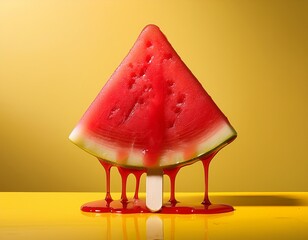 melting watermelon popsicle dripping red syrup onto a bright yellow table on a sunny day