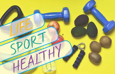 Sports background and fruits, general health concept and reserved areas with text.