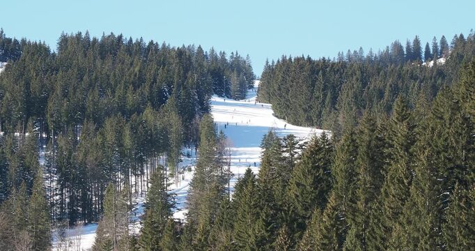 Spitzingsee-Tegernsee ski area in Bavarian Alps. Many ski routes and cross-country ski trails. the slopes descend through wooded clearings towards the valley

