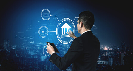 A concept of digital banking and online financial technology (FinTech) services. A central platform for secure transactions, support, and business finance. Motif