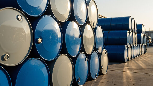 Stacked blue oil barrels in industrial yard under sunlight  