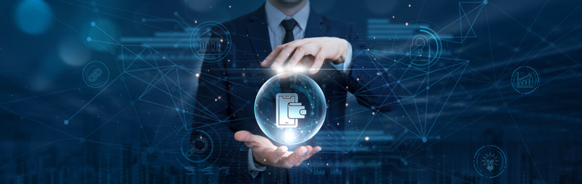 Businessman hand hold digital payment on digital interface and global network. cashless transaction system, mobile payment processing, secure online financial platform, electronic payment gateway