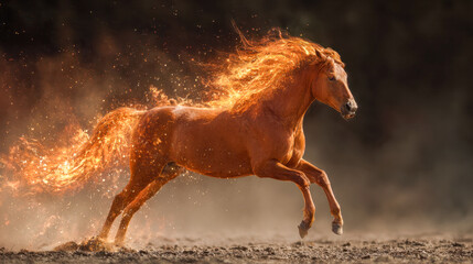 Majestic chestnut horse galloping with flowing mane and tail blazing like fiery sparks against a dark blurred background in dynamic motion and energy