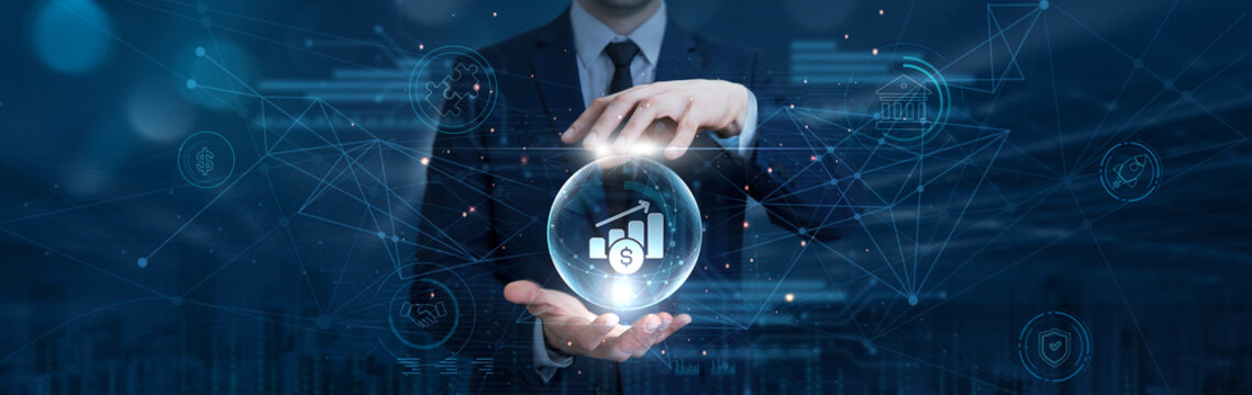 Businessman hand hold investment on digital interface and global network. portfolio performance monitoring platform, financial growth strategy dashboard, digital wealth management system