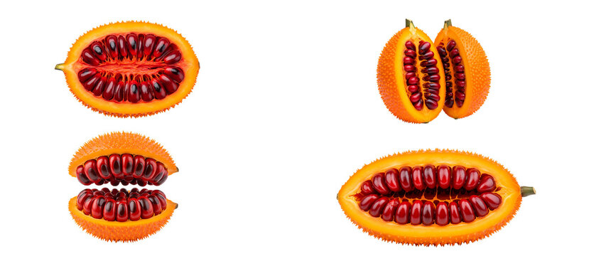 Set of exotic banana passionfruit also known as curuba sliced open and isolated on a white background.