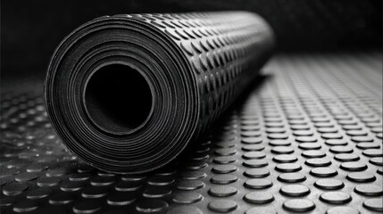 Rolled black rubber mat featuring a textured surface with raised circular patterns, providing durability and non slip traction for gym flooring, fitness areas, and industrial environments