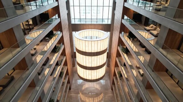 Modern atrium with elegant chandelier and spacious design