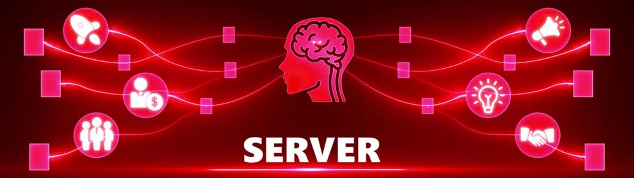 Server Concept with Digital Brain and Red Glowing Connections to Business Icons technology network