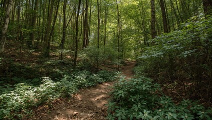 Obraz premium Walking Path in a Green Forest During Daytime With Sunlight Filtering Through Trees