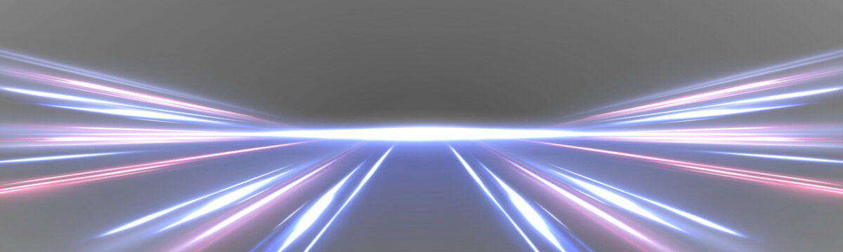 Glowing neon laser streaks move across dark city roads at night. Light trail waves, energy swirls, and motion lines create high-speed traffic visuals. Futuristic illustration.