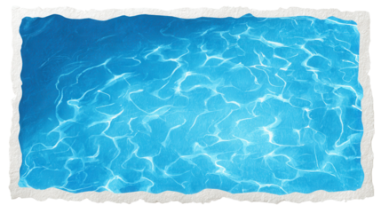 Refreshing clear blue water with sun reflections creating a sparkling ripple effect, framed by a torn paper edge, useful for summer background design, isolated with transparent background