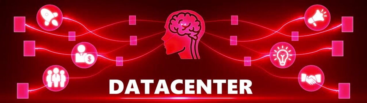 Datacenter Concept with Digital Brain and Red Glowing Connections to Business Icons technology network